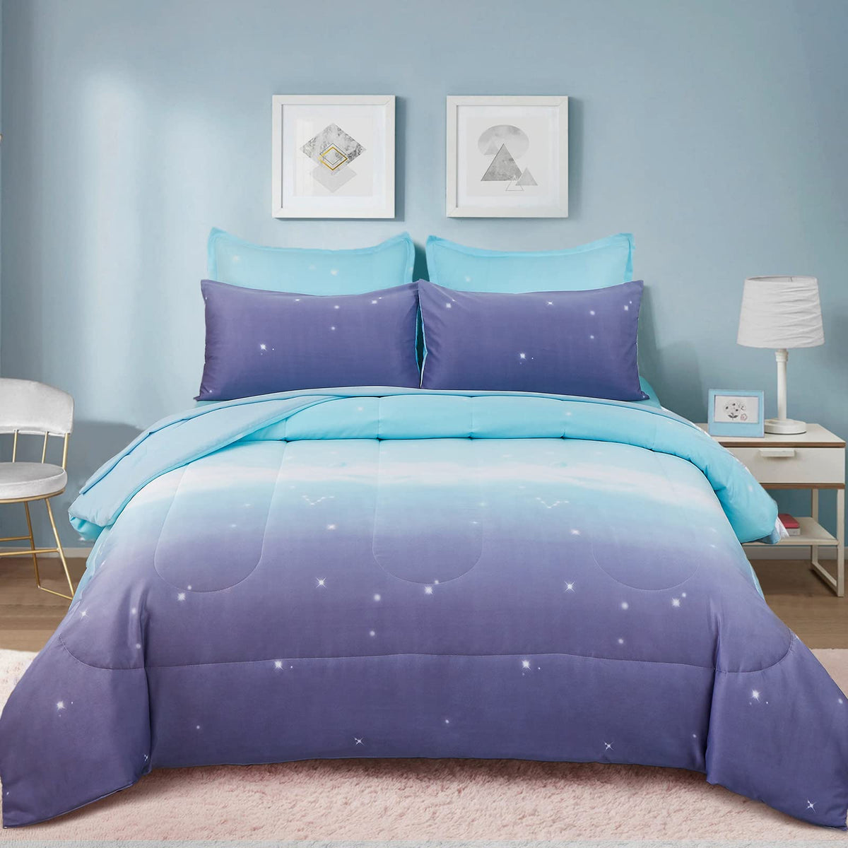 Dinjoy Girls Comforter Set 7 Pieces, Queen Size Colorful Ombre Rainbow Bedding Set, Bed in A Bag for Kid Teen Girls (1 Comforter, 1 Flat Sheet, 1 Fitted Sheet, 2 Pillow Shams, 2 Pillowcases)
