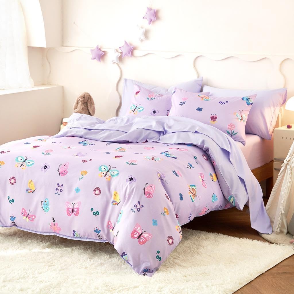 Wake In Cloud - Butterfly Bedding Set for Girls, Cute Colorful Butterfly Flowers Floral Comforter Set with Sheets, 5 Pieces Kids Bed in a Bag, Purple, Twin Size