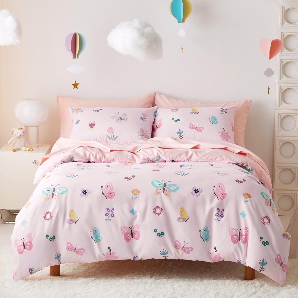 Wake In Cloud - Butterfly Bedding Set for Girls, Cute Colorful Butterfly Flowers Floral Comforter Set with Sheets, 5 Pieces Kids Bed in a Bag, Purple, Twin Size