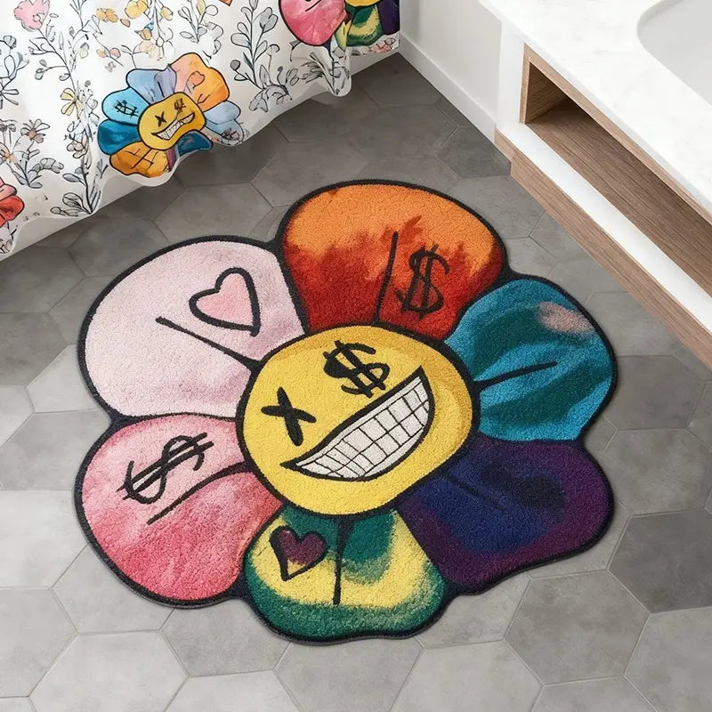 Colorful Irregular Smiling Cartoon Floral Print Flower Rug, Flower Pattern Rugs, Decorative Rug, Modern Creative Fashion Street Art Carpet, Washable Easy Care Plush Mat for Living Room Bedroom Area Rug