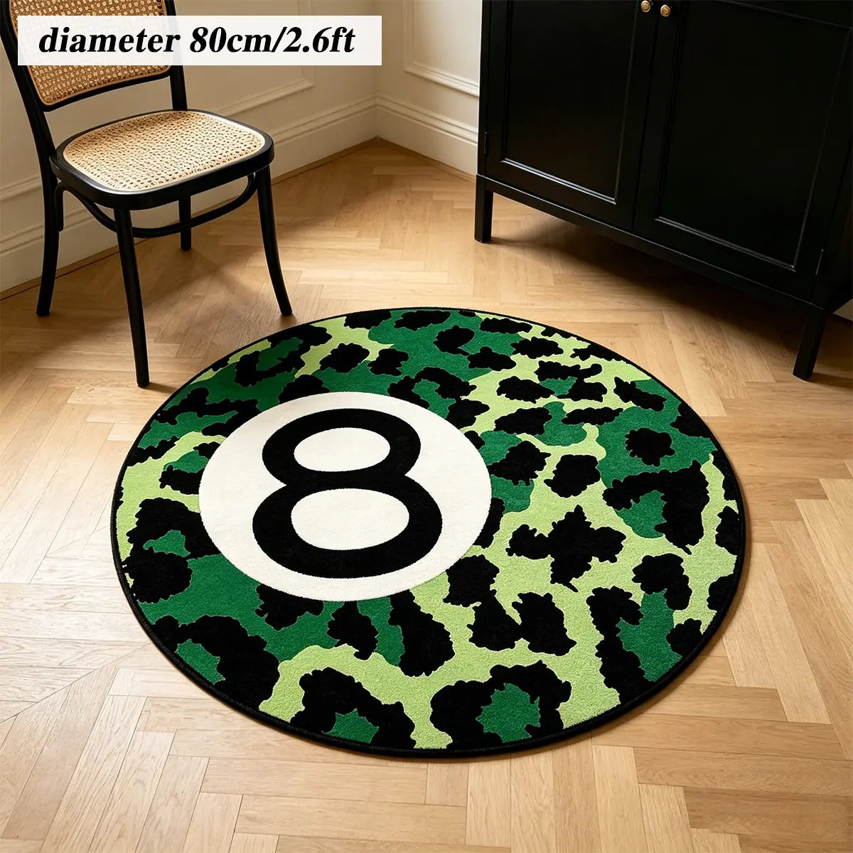 8 Ball Leopard Print Round Rug for Game Room, Man Cave, Dorm & Teen Bedroom, Soft Non-Slip Round Accent Rug, Anti Skid Rug, Perfect Retro Gift