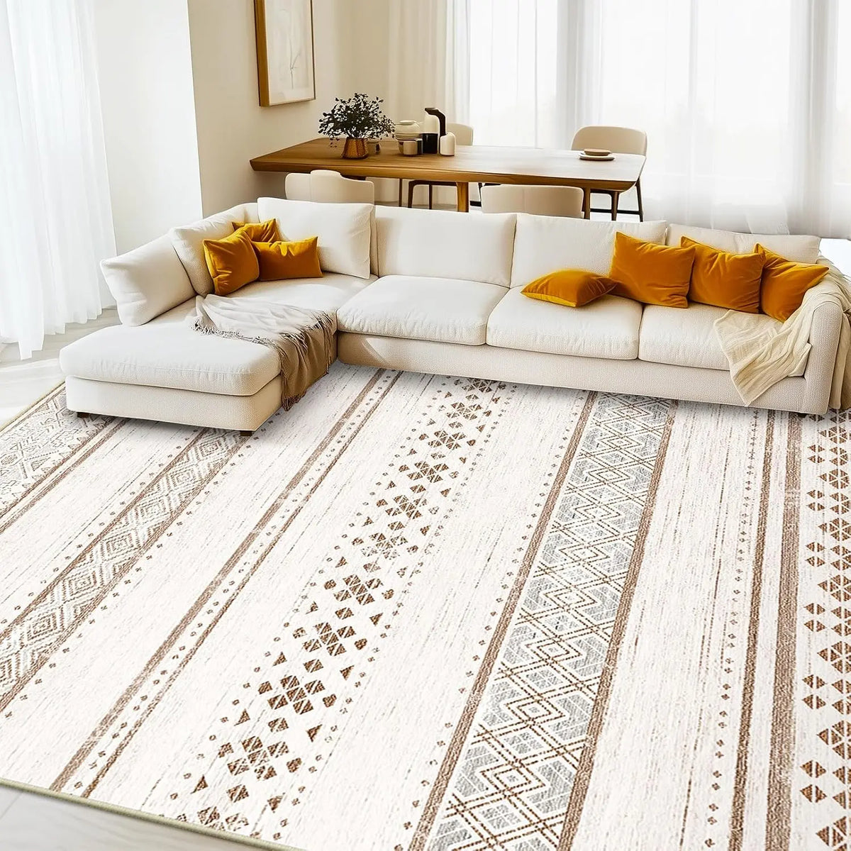 BESTSWEETIE Indoor Area Rugs - 8x10/9x12/10x14 Large Geometric Boho Rugs, Soft Faux Wool Low-Pile, Machine Washable, Non-Slip, Wrinkle Resistant, Print, Easy-Maintenance Distressed Western Carpets for Living Room Decor & Bedroom, Home Essentials