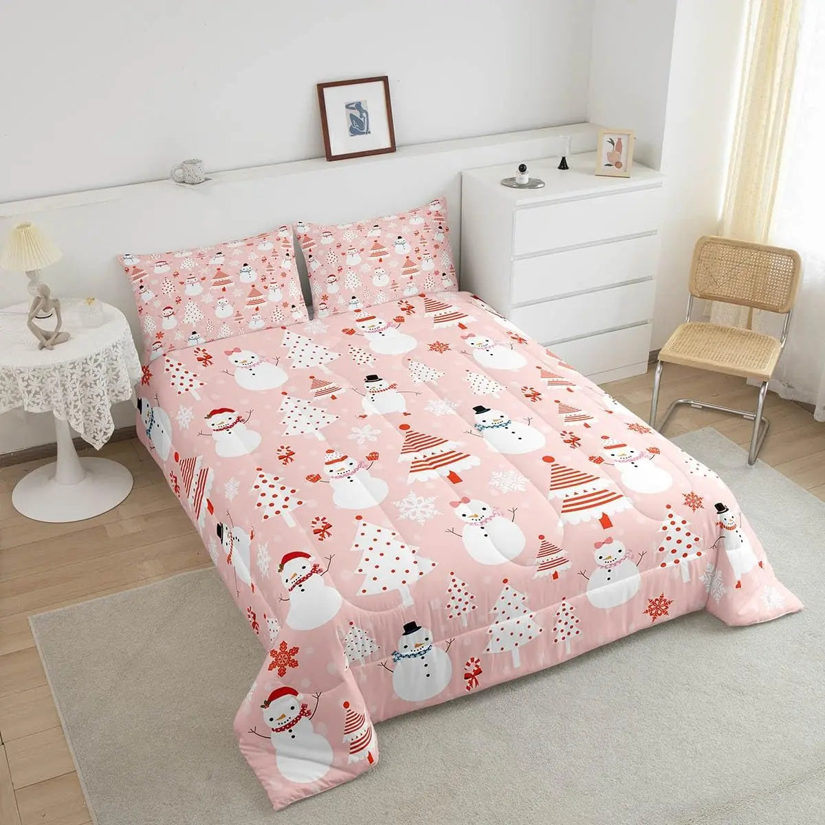 Feelyou Breathable Cartoon Dots Christmas Bedding Set - Comfy Colorful Pattern Duvet Set with Pink Dots, Christmas Tree Decor, Inner Fill, Available in Twin, Full, Queen Sizes, Breathable Bedding Set, Colorful Pattern Duvets & Sets