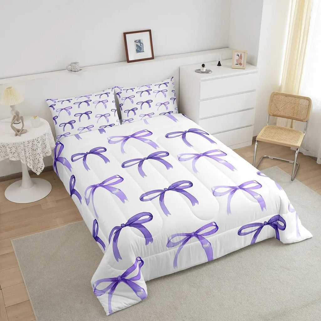 Feelyou Bow Pattern Duvet Cover Set - Ultra Soft Purple Bowknot Kids Bedding Set, Machine Washable Single Bedding, Travel-Friendly Kawaii Kids Rooms Decor