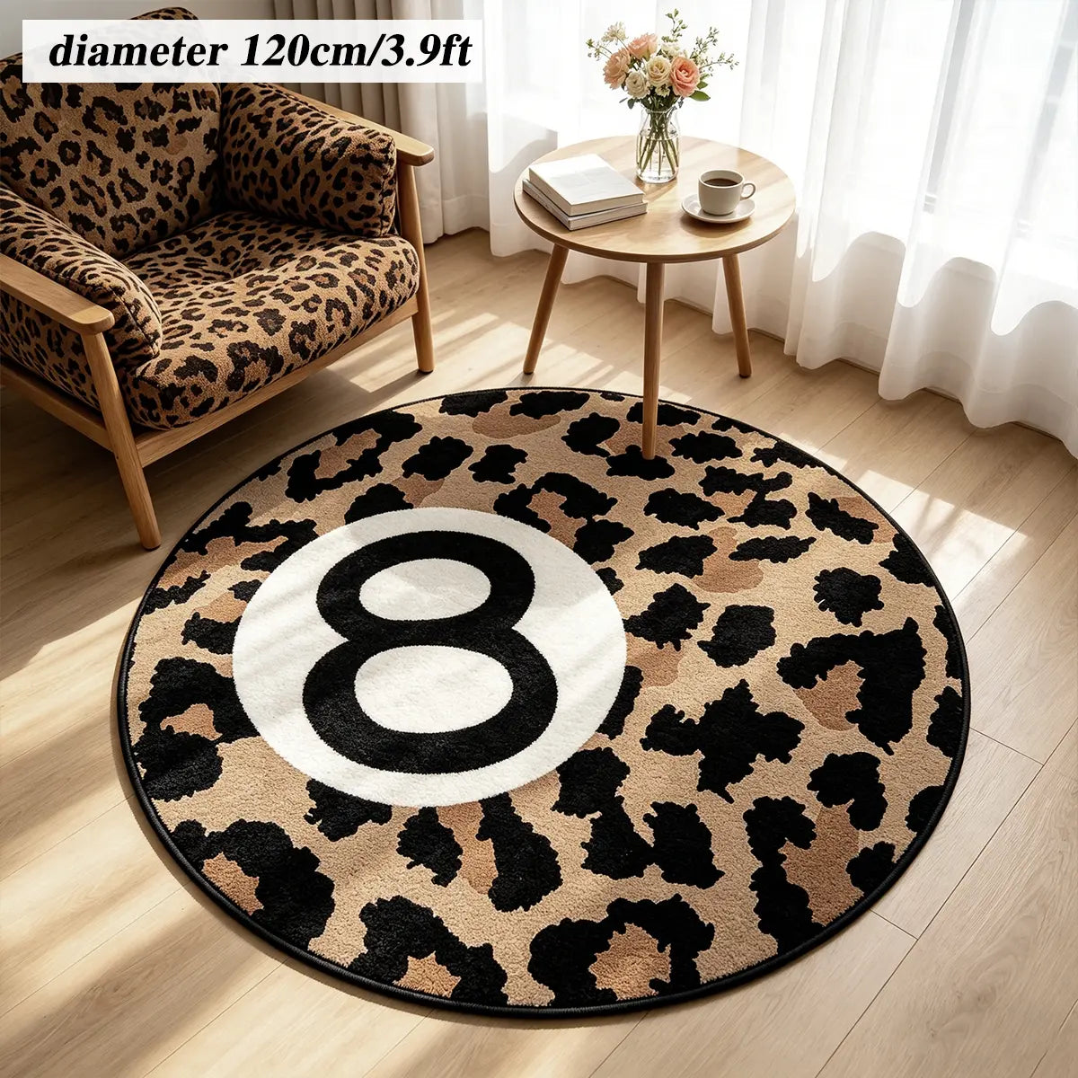 8 Ball Leopard Print Round Rug for Game Room, Man Cave, Dorm & Teen Bedroom, Soft Non-Slip Round Accent Rug, Anti Skid Rug, Perfect Retro Gift