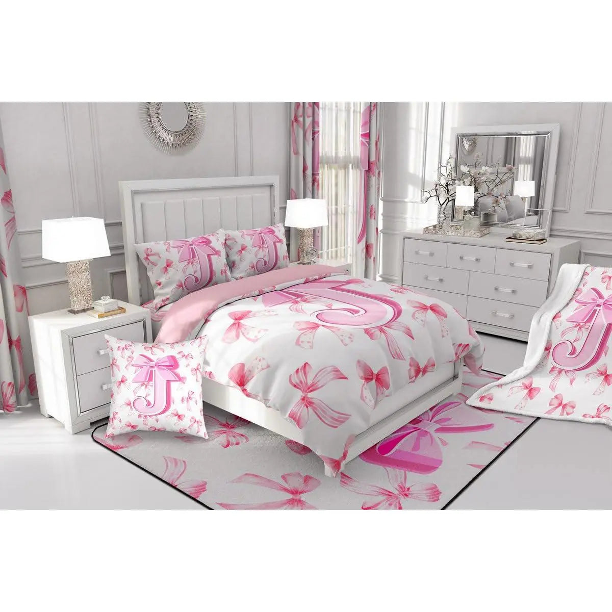 Feelyou Toddler Girl 7-Piece Monogrammed Initial J Bedding Set - Cute Bow Comforter, Sheets, Pillowcases Bed-in-a-Bag, Princess Room Soft Pink Aesthetic Cozy Pink Bedroom Setup, Toddler Girl Bedding Set, Cozy Bed Setup