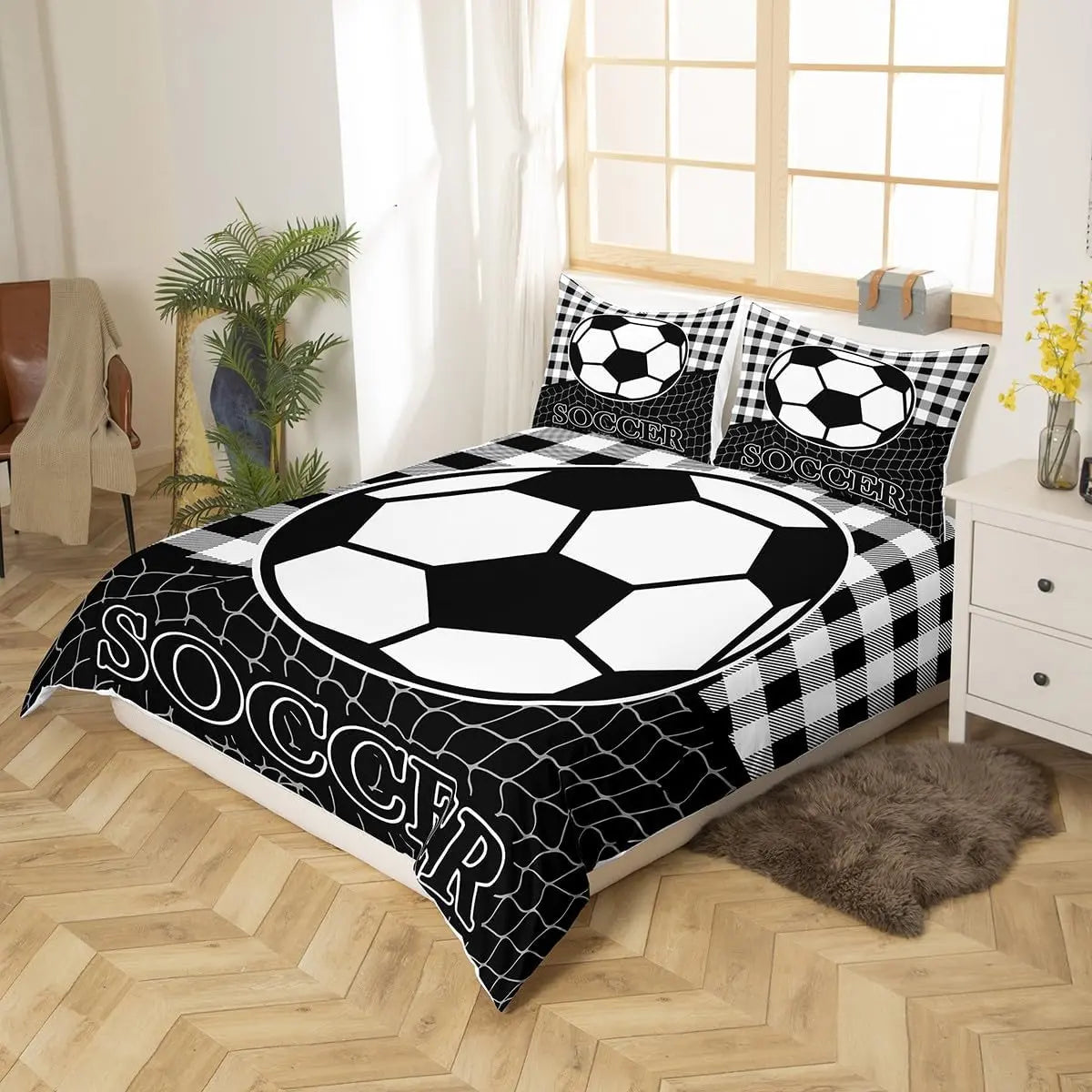 Soccer Duvet Cover Set - Luxury Black and White Geometric Print Flat Weave, Breathable Contemporary Bedding for Teens, Boys, Children, Stain-Protective Soft Bed Cover for Football Watch Parties, Multi-Size (No Comforter, King Option Included)