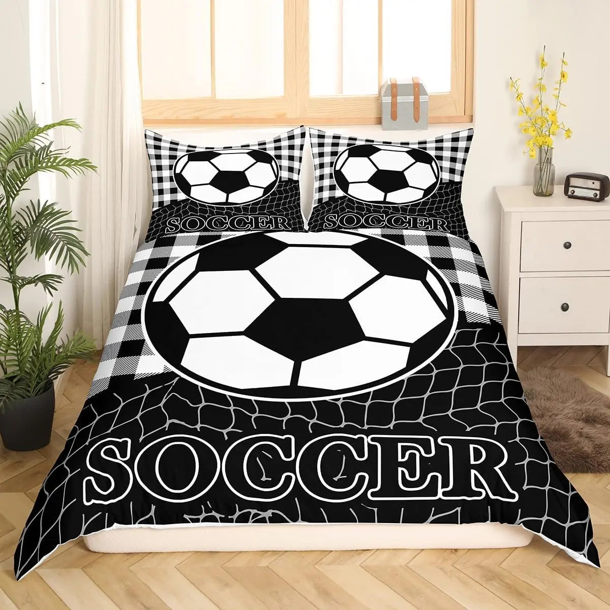 Soccer Duvet Cover Set - Luxury Black and White Geometric Print Flat Weave, Breathable Contemporary Bedding for Teens, Boys, Children, Stain-Protective Soft Bed Cover for Football Watch Parties, Multi-Size (No Comforter, King Option Included)