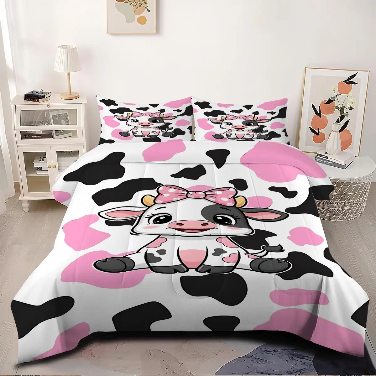 2/3pcs Beautiful Comforter Set - Adorable Cow Print Comforter Set, Playful Animal Pattern Bedding Set for Kids & Teens, Soft & Cozy Aesthetic Bedroom Decor, Easy Care Breathable Comforter Set for Stylish Home Makeover Pillow Insert Not Included