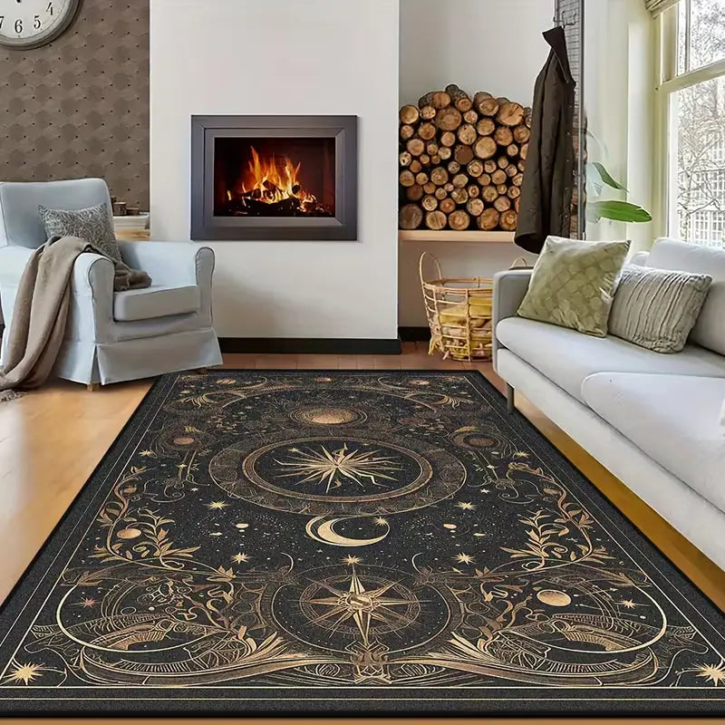 Boho Celestial Print Velvet Vintage Sun Pattern Rug - Low Pile, Machine Washable, Wrinkle Resistant, Stain Resistant for Living Room, Bedroom Use
