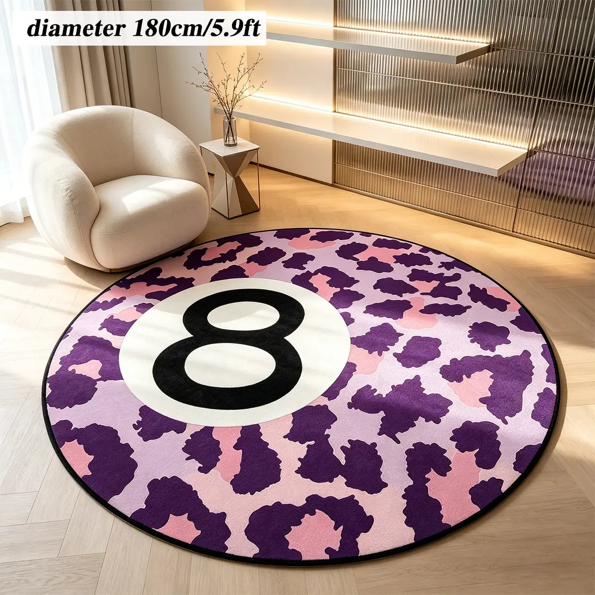 8 Ball Leopard Print Round Rug for Game Room, Man Cave, Dorm & Teen Bedroom, Soft Non-Slip Round Accent Rug, Anti Skid Rug, Perfect Retro Gift