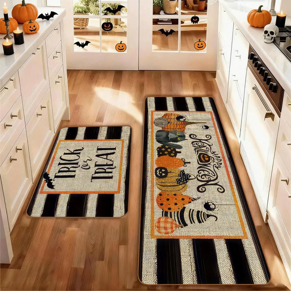 Set of 2 Halloween Pumpkin Style Kitchen Rugs, Washable Non-Slip, Low Profile Floor Mats for Kitchen, Laundry Room, Hallway, Entrance Mat