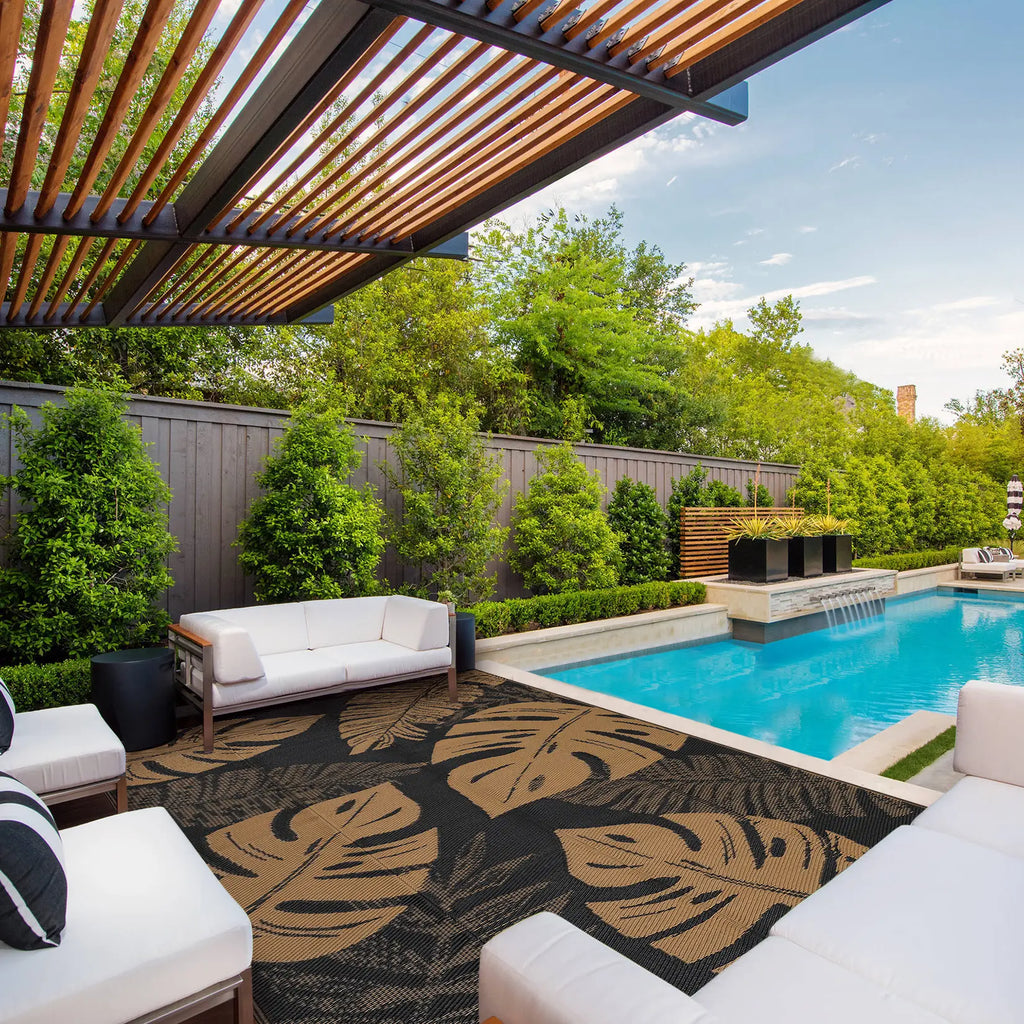 Leaf Print Outdoor Rug Double-Sided Reversible Plastic Straw Woven Rug Foldable Garden Decoration Rug Large Size Washable Outdoor Rug for Terrace Beach RV Picnic Balcony Patio