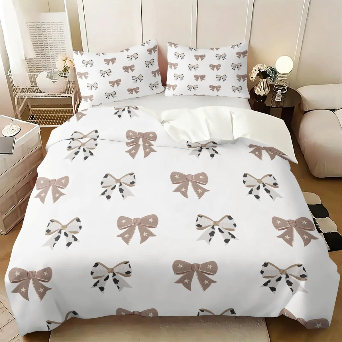 Milk Tea Color Cow Print Bow Duvet Cover Set-1 Duvet and 1-2 Coreless Pillowcases-Star-Decorated Bow and Cow Print Patchwork Bow-Soft Breathable-Vintage Gentel Style for Kids' & Girls' Bedroom Decor