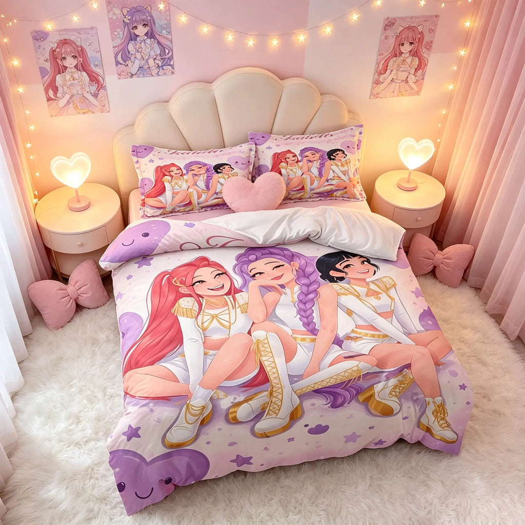 3-Piece Cartoon Anime Girl Pattern Duvet Cover Set, Soft Comfortable Fabric, No Padding, Ideal for Bedroom, Hotel, School Dormitory, Cute Bedding