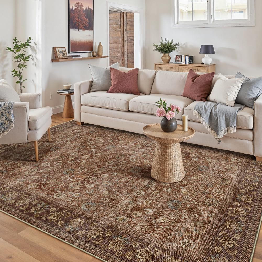 HUGEAR 2x6 Brown Vintage Floral Washable Runner Rug for Hallway