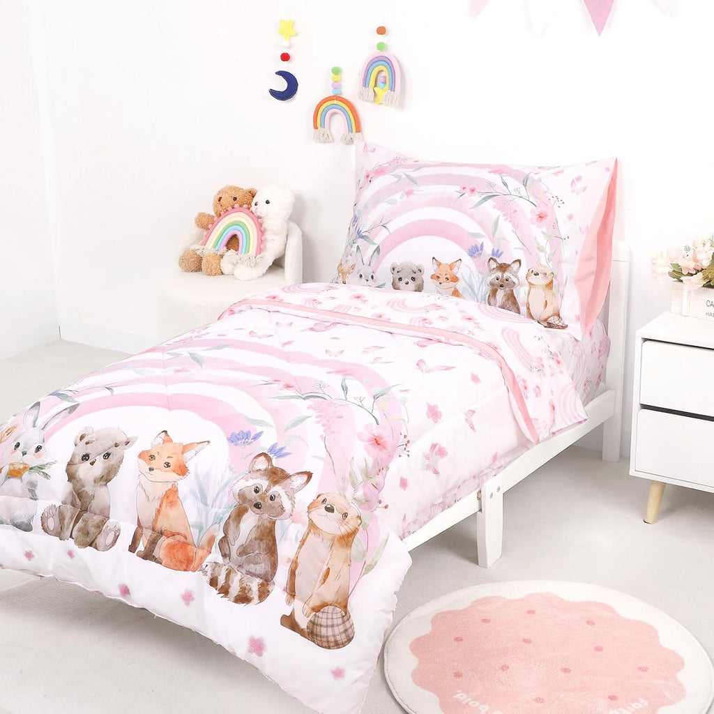 Hooyax Toddler Bedding Set for Girls - 4 Piece Rainbow Toddler Comforter Set Includes Fitted Sheet, Comforter, Pillowcase & Flat Sheet - Soft Comfort Microfiber for All Seasons