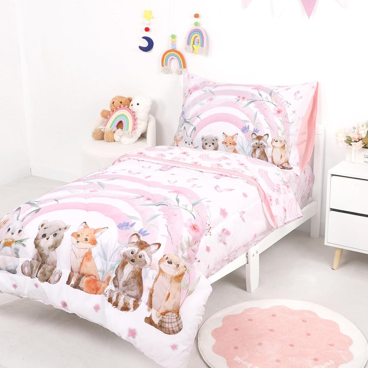 Hooyax Toddler Bedding Set for Girls - 4 Piece Rainbow Toddler Comforter Set Includes Fitted Sheet, Comforter, Pillowcase & Flat Sheet - Soft Comfort Microfiber for All Seasons