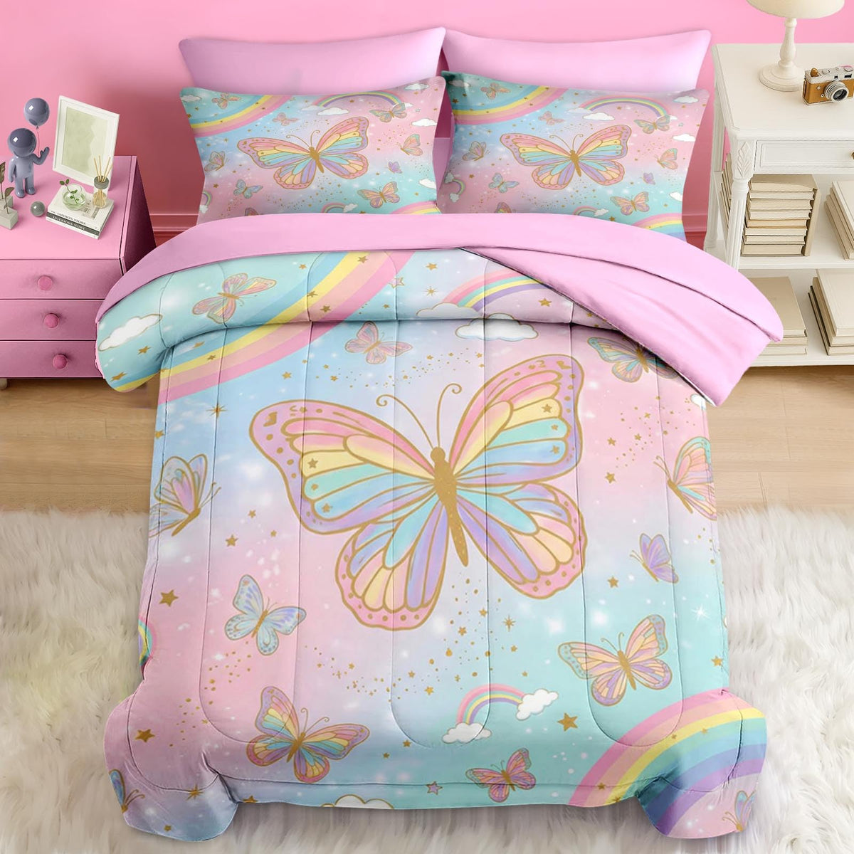 Pamnest Twin Comforter Set for Girls, 5 Pieces Butterfly Bedding Set