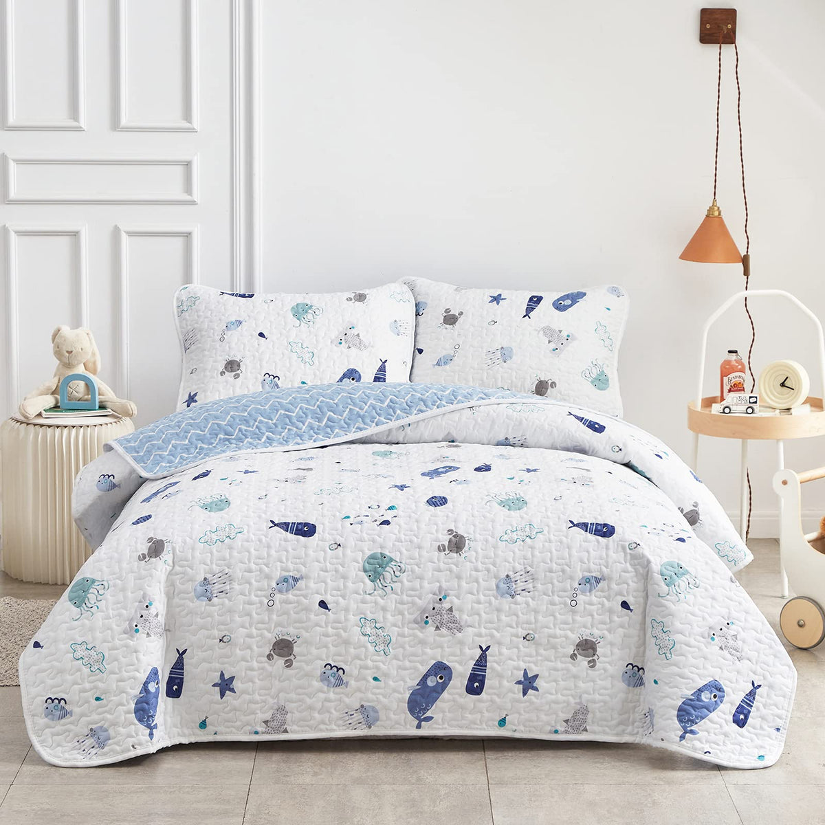 Joyreap 3-Piece Cotton Quilt Set Full/Queen, Cute Dinosaur Reversible Design for Kids Boys n Girls, Breathable Quilt Bedspread Bed Cover for All Season, 1 Quilt and 2 Pillow Shams- 90x90 inches