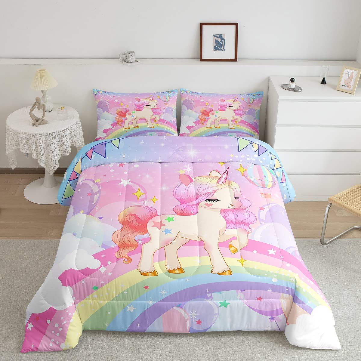 Feelyou Unicorn Girls Bedding Set Twin Rainbow Kids Pink Unicorn Comforter Set Kawaii Cute Reversible Stars Duvet Quilt Teens Children Adults Cartoon Unicorn Room Decor All Season