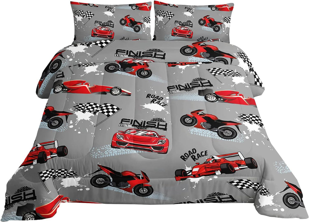 Axolotl Kid Comforter Set Twin Size,Racing Car Bedding Set for Boys Girls Teen Kids Children Racing Gifts,Race Cars Quilt Bed Set with 1 Comforter 2 Pillowcases,Red Grey