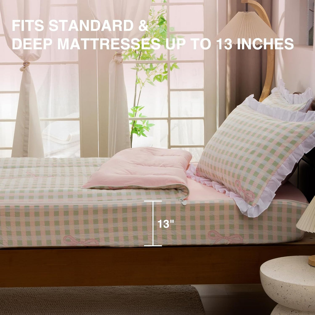 Aimuan Zipper Bedding Twin Zip Up Bedding Set Pink Checked Plaid 3 Pcs Zippered Bedding Twin Comforter Bed in a Bag with Fitted Sheet and 2 Pcs Pillowcases (Pink-Green,Twin)