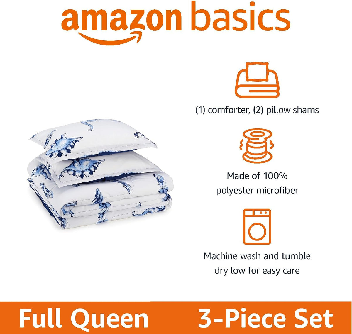 Amazon Basics 3-Piece Microfiber Kids' All Season Comforter and Pillow Sham Set, Full/Queen, Dinosaurs, Animal Print