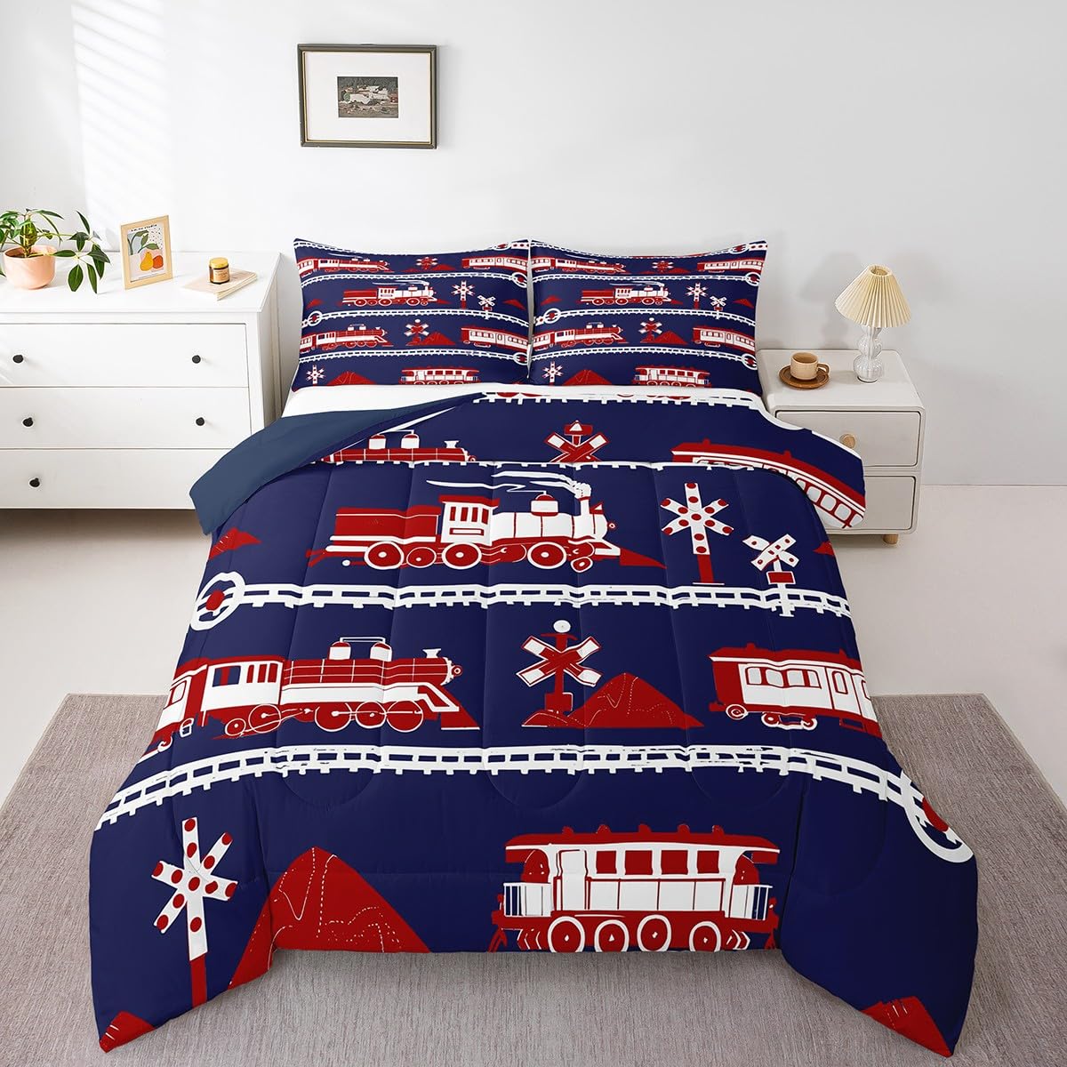 Erosebridal Cartoon Train Comforter Set Twin Kids Bedding for Boys Girls