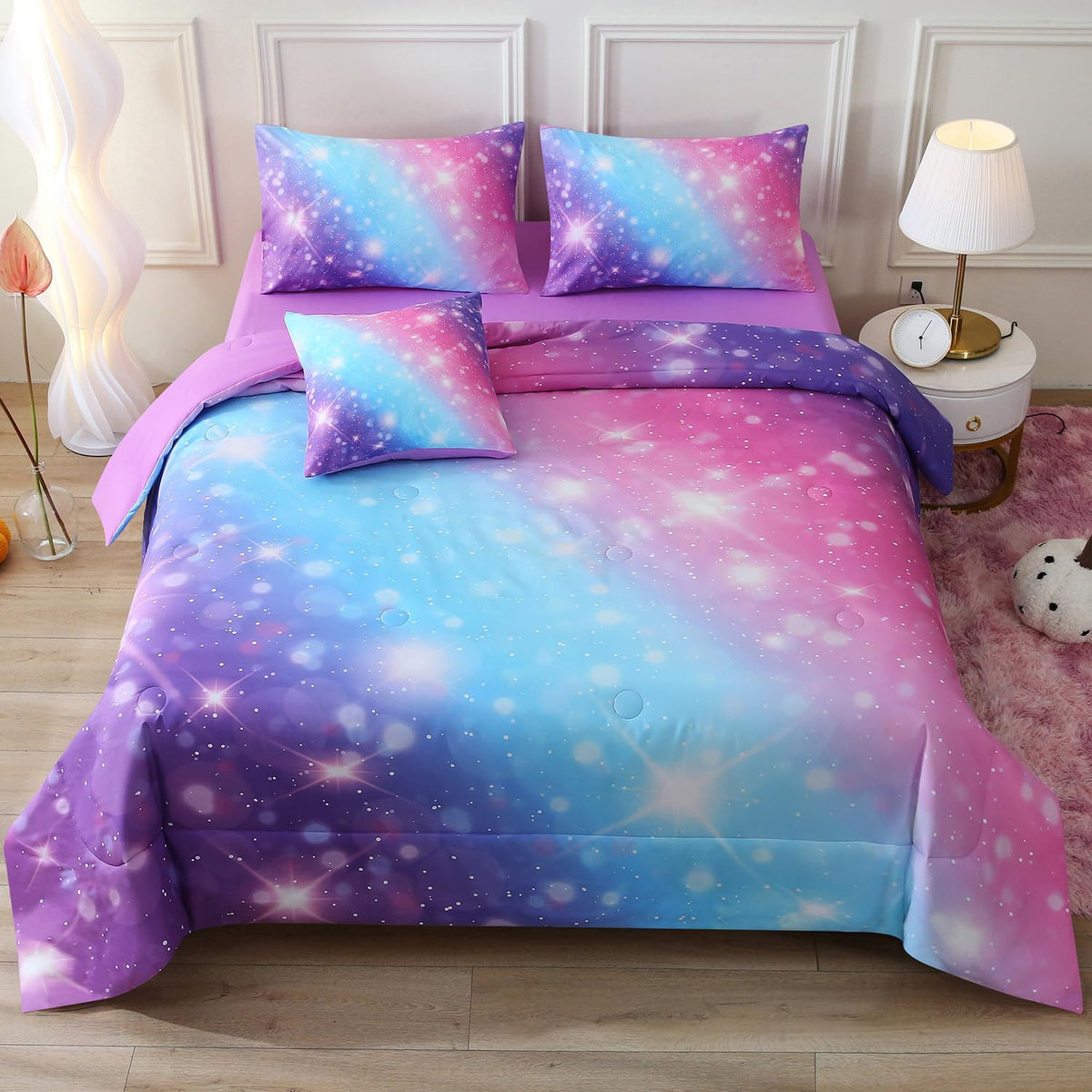 JQinHome Twin Pink Purple Comforter Set, 6 Piece Bed in A Bag 3D Colorful Bedding Set for Girls Kids (1 Comforter,2 Pillowcases,1 Flat Sheet,1 Fitted Sheet,1 Cushion Cover)(Pink Purple)