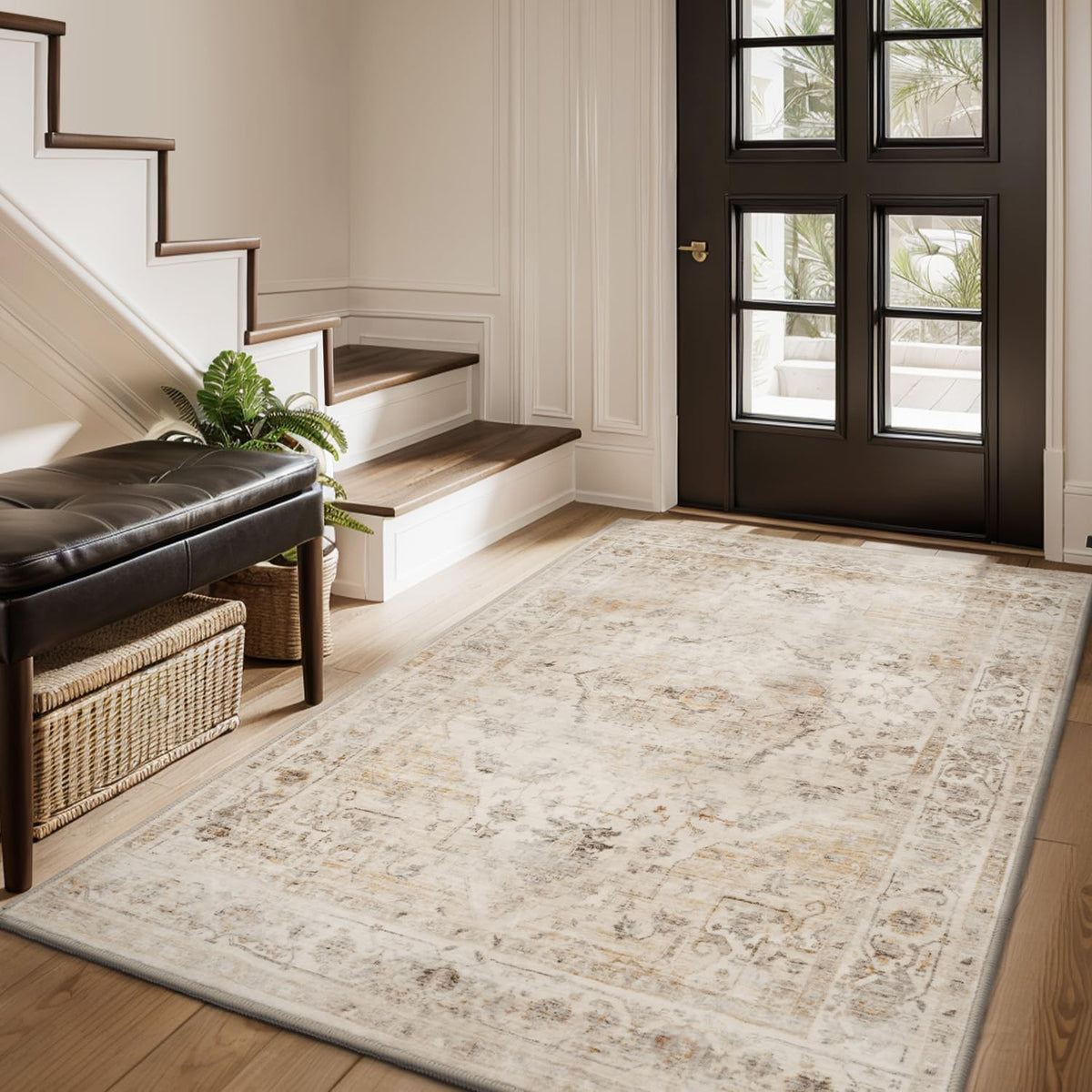 AMOAMI-Area Rug 5X7 Rugs for Living Room-Vintage Soft Beige Rugs for Bedroom-Non Slip Carpet-Machine Washable Rug for Dining Room Living Room Bedroom Office Under Table-Beige