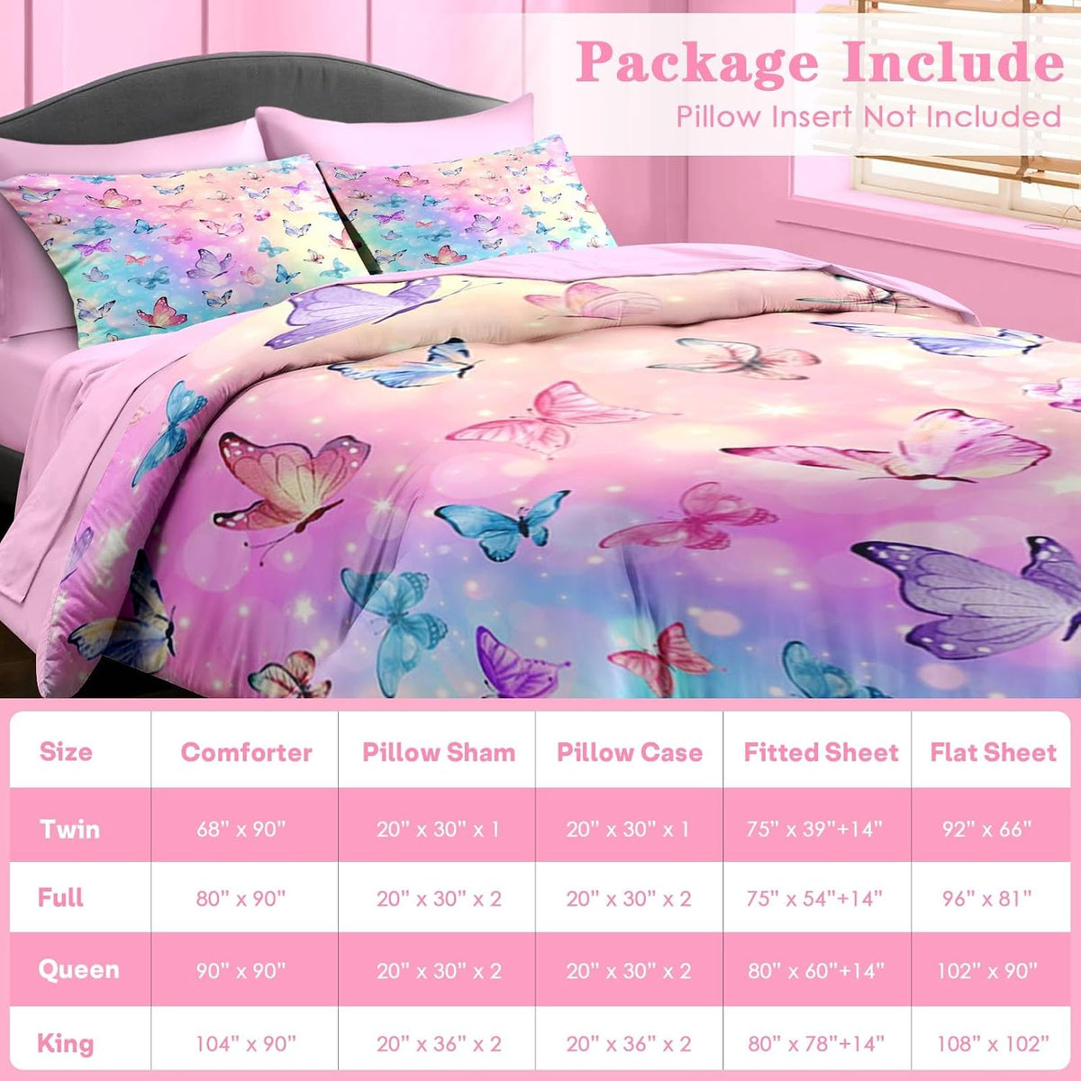 Pamnest Twin Comforter Set for Girls, 5 Pieces Butterfly Bedding Set