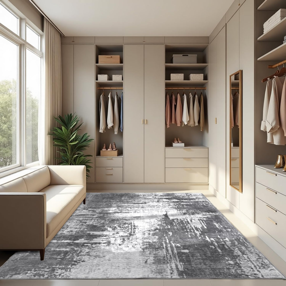 Living Room Rug 5x7 Gray Area Rug Machine Washable Boho Rug Non Slip Abstract Vintage Indoor Large Rugs for Bedroom, Classroom, College Dorm, Farmhouse, Dining Room, Kids Playroom