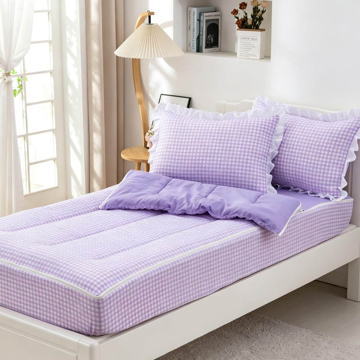 Aimuan Zipper Bedding Twin Zip Up Bedding Set Pink Checked Plaid 3 Pcs Zippered Bedding Twin Comforter Bed in a Bag with Fitted Sheet and 2 Pcs Pillowcases (Pink-Green,Twin)