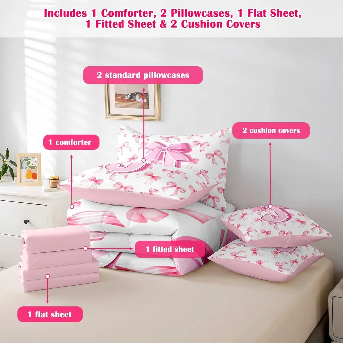 Feelyou Toddler Girl 7-Piece Monogrammed Initial J Bedding Set - Cute Bow Comforter, Sheets, Pillowcases Bed-in-a-Bag, Princess Room Soft Pink Aesthetic Cozy Pink Bedroom Setup, Toddler Girl Bedding Set, Cozy Bed Setup
