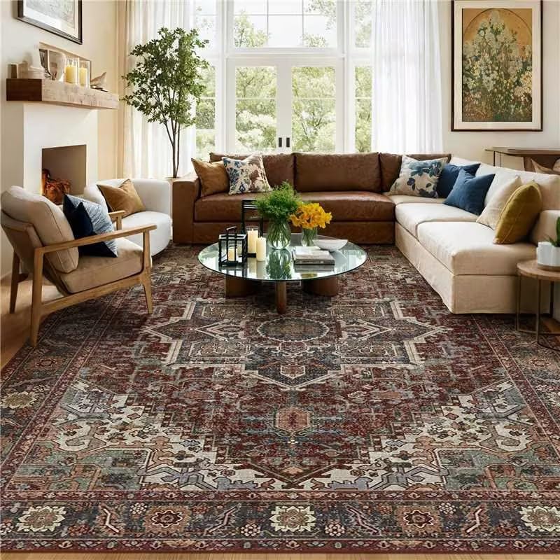 Kokia 9x12 Washable Area Rugs Maroon with Vintage Orient Design, Soft Rug for Living Room or Bedroom, Non-Slip Low Pile Stain Resistance Features, Distressed Medallion Pattern
