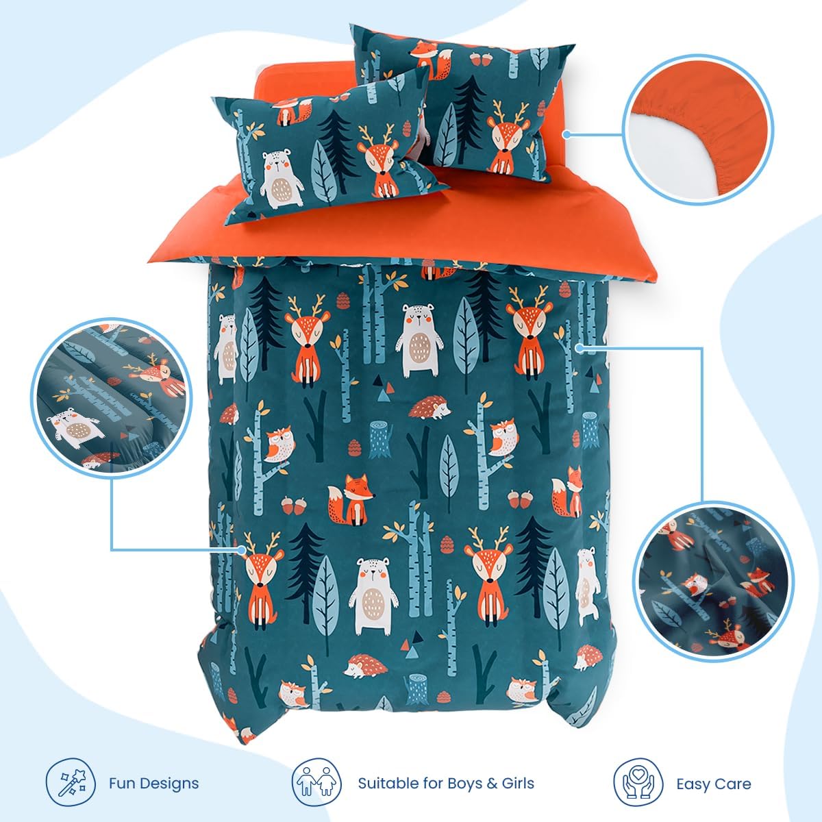 Woodland Animal Kids Bedding Set for Boys, Ultra Soft Microfiber Comforter Set Twin Size 3-Pieces, Comforters Bed Sets for Kid Tween Teen Bedroom Decor