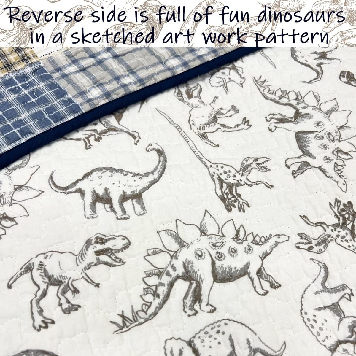 Cozy Line Home Fashions Benjamin Cute Dinosaur Plaid Navy Blue White Grey Bedding Quilt Set 100% Cotton Reversible Coverlet Bedspread Set for Kids Boy(Twin - 2 piece)