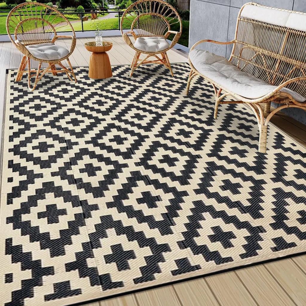 Geometric Pattern Waterproof Double-Sided Outdoor Rug, Outside Rug, 1 Count Modern Checkered Area Rug for RV, Terrace, Backyard, Deck, Beach and Camping Patio Rug #GLOBAL PICKS