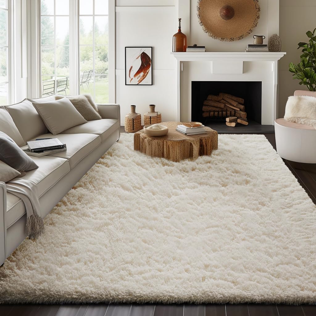 Ophanie Area Rugs for Bedroom, Christmas Upgrade Non-Slip Ivory Fluffy Soft Shag Living Room Carpet, Indoor Floor 4x6 Fuzzy Shaggy Plush Nursery Rug for Kids Dorm Decor with Over 99 pcs Pile fibers