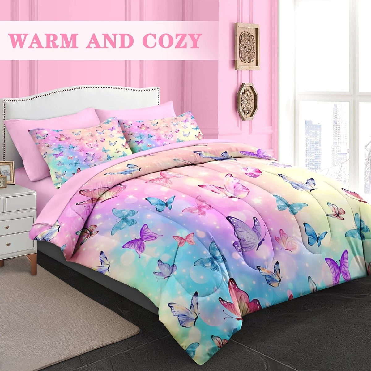 Pamnest Twin Comforter Set for Girls, 5 Pieces Butterfly Bedding Set