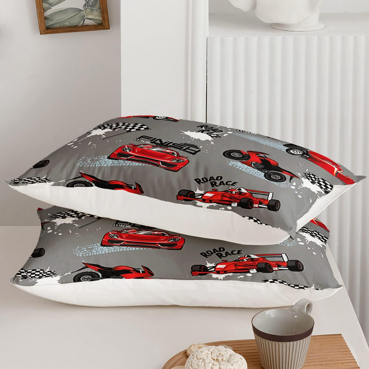 Axolotl Kid Comforter Set Twin Size,Racing Car Bedding Set for Boys Girls Teen Kids Children Racing Gifts,Race Cars Quilt Bed Set with 1 Comforter 2 Pillowcases,Red Grey