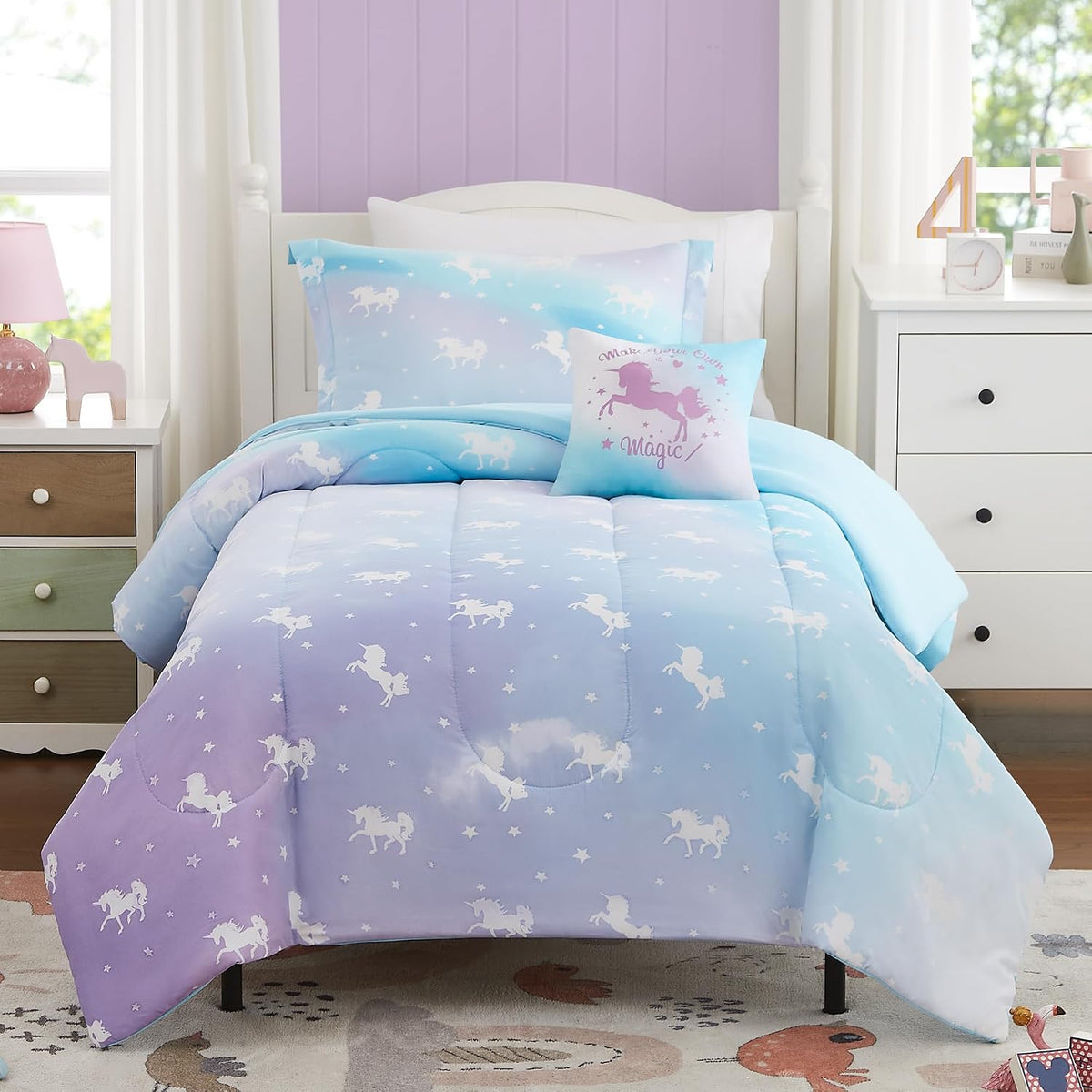 Twin Comforter Set for Girls - 3 Pieces Pink Rainbow Twin Bedding Sets
