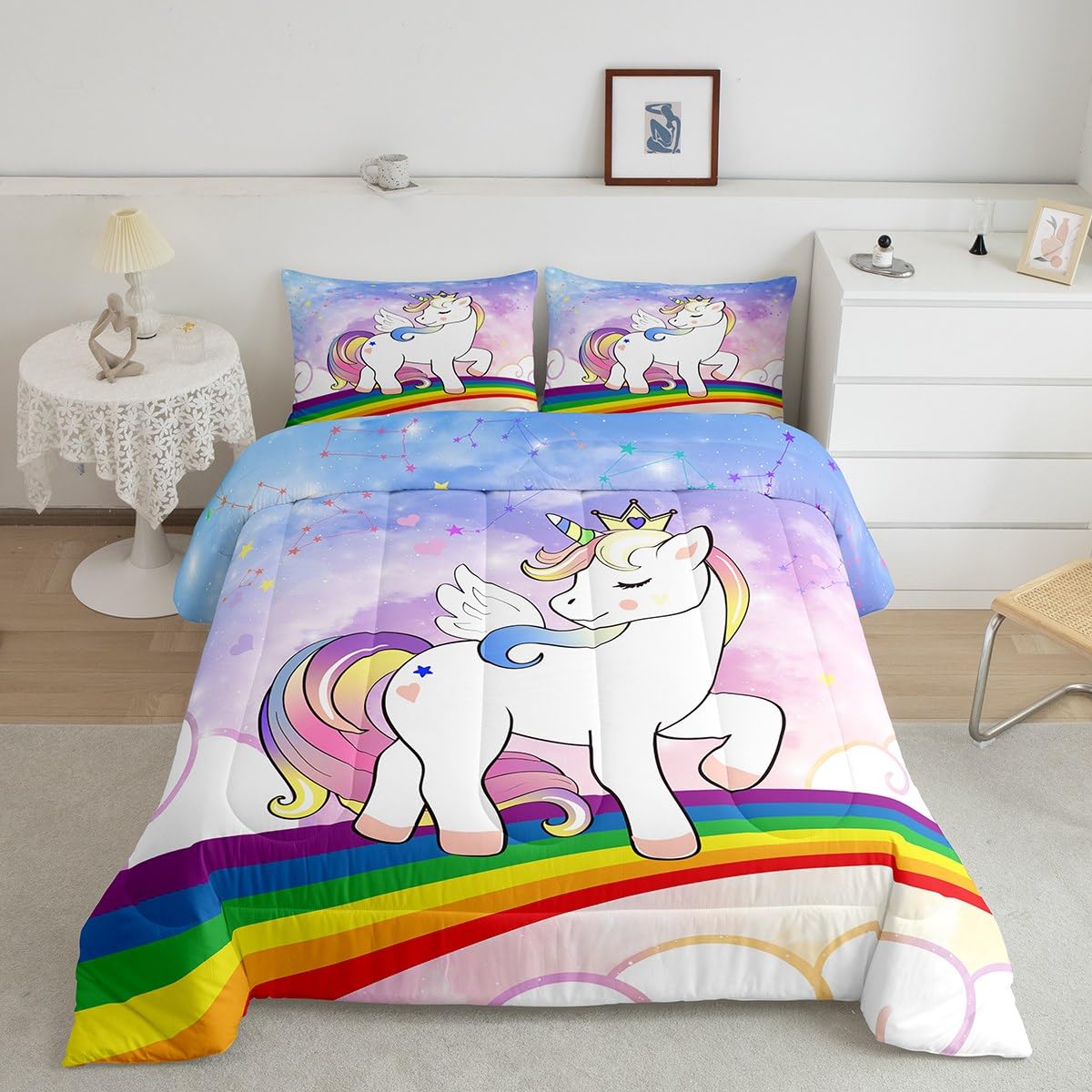 Feelyou Unicorn Girls Bedding Set Twin Rainbow Kids Pink Unicorn Comforter Set Kawaii Cute Reversible Stars Duvet Quilt Teens Children Adults Cartoon Unicorn Room Decor All Season