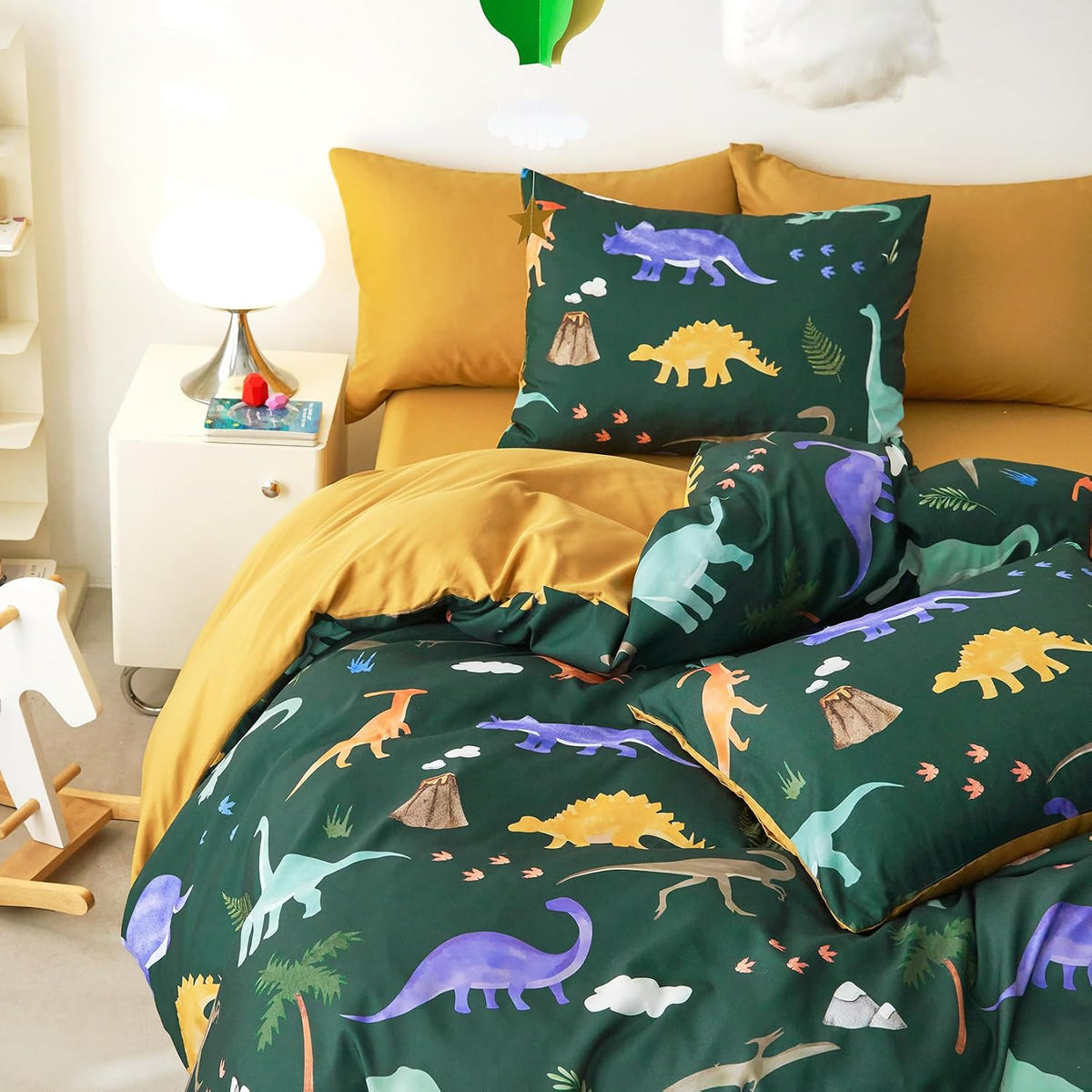 Wake In Cloud - Dinosaur Bedding Set for Boys, Cute Colorful Dinosaur Dino, Soft Lightweight Comforter Set with Sheets, 5 Pieces Kids Bed in a Bag, Dark Green, Twin Size
