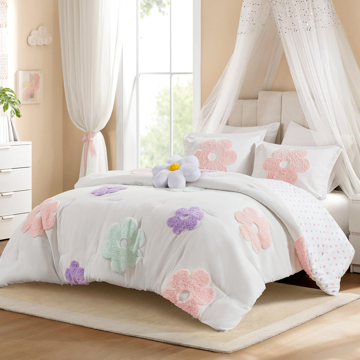 Intelligent Design Kids White Floral Queen Comforter Set for Girls, 4pc