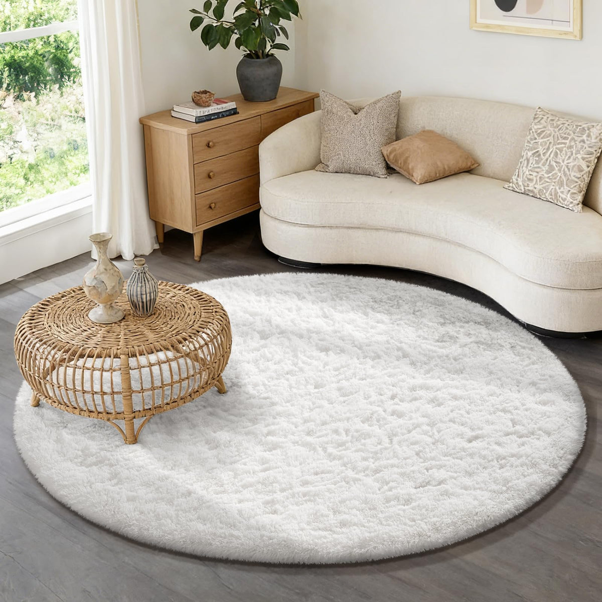 Ophanie Round Rugs 5Ft Ivory Circle Area Rug,Baby Nursery Living Room Bedroom Decor Circular Carpet 5 Foot,Fluffy Fuzzy Shag Plush Cream for Kids Boys Girls Teen with Over 99 pcs Pile fibers