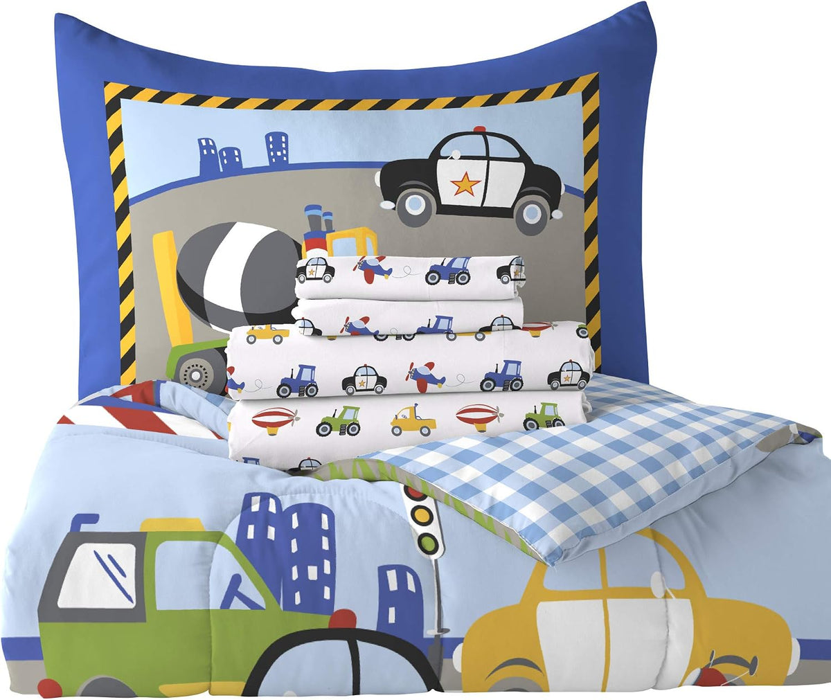 dream FACTORY Trucks Tractors Cars Boys 5-Piece Bedding Kids Construction Comforter Sheet Set, Twin Blue Red Multi