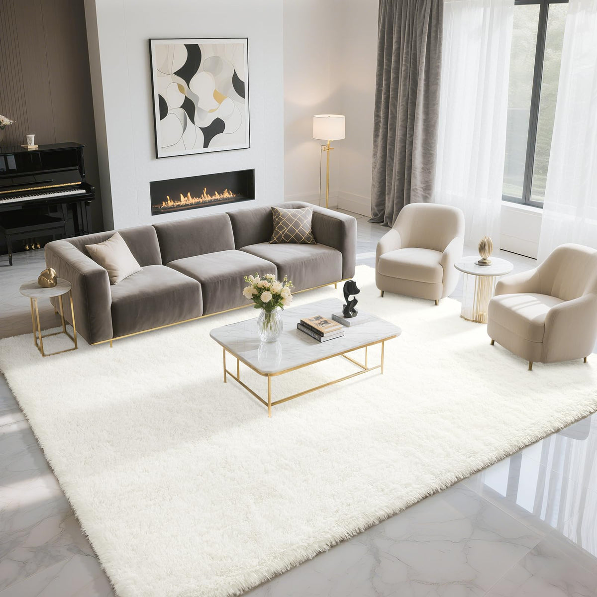 BENRON Cream White Fluffy Rugs for Living Room Bedroom 4x6, Washable