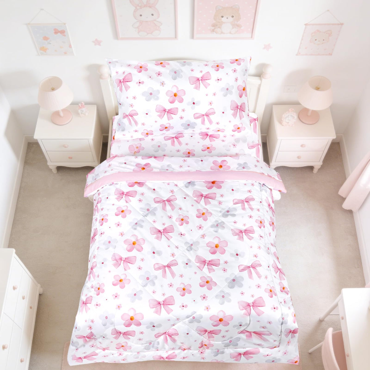 Hooyax Toddler Bedding Set for Girls - 4 Piece Rainbow Toddler Comforter Set Includes Fitted Sheet, Comforter, Pillowcase & Flat Sheet - Soft Comfort Microfiber for All Seasons